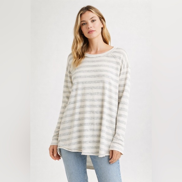We The Free Tops - We The Free Striped Long Sleeve Tunic Top S Gray Cream Oversized Raw Hem